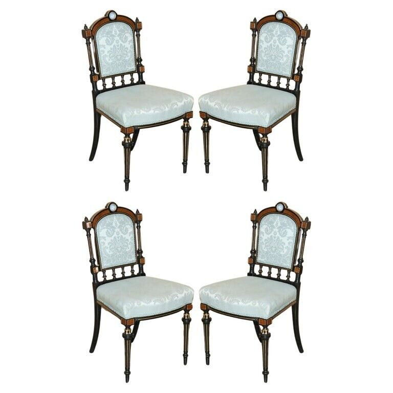 FOUR FINE BURR WALNUT AESTHETIC MOVEMENT DINING CHAIRS WITH GRAND TOUR PLAQUES
