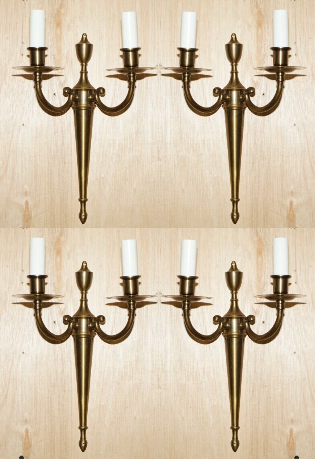 FOUR VINTAGE GILT BRASS TWIN BRANCH FRENCH WALL SCONCES LIGHTS WITH FAUX CANDLE