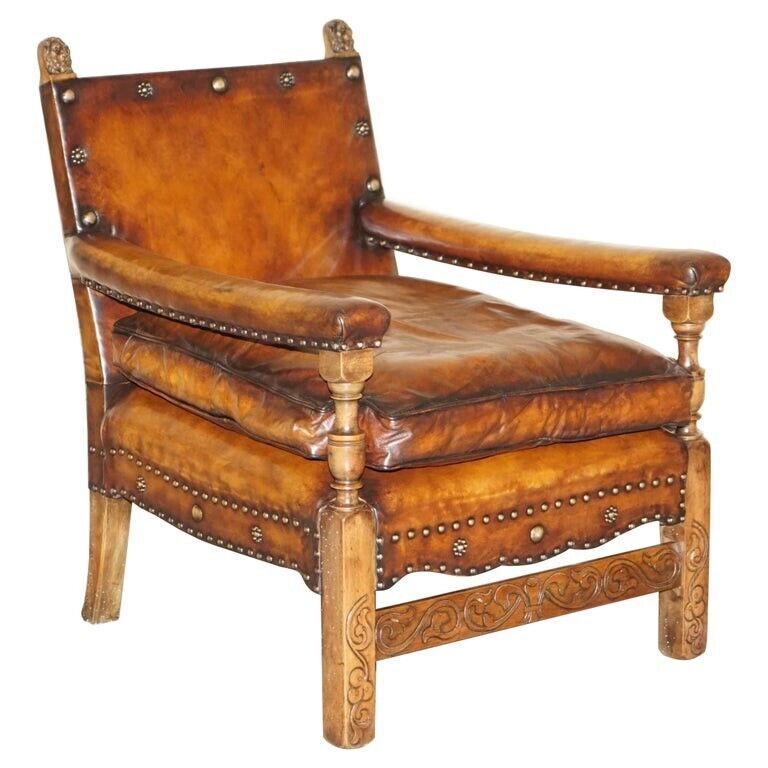 FULLY RESTORED EDWARDIAN CIRCA 1910 HAND DYED BROWN LEATHER LION CARVED ARMCHAIR