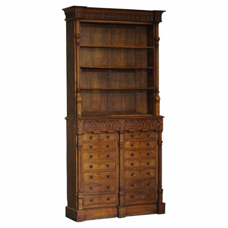 HUGE GOTHIC REVIVAL ANTIQUE HAND CAVRED ENGLISH OAK LIBRARY BOOKCASE INC DRAWERS