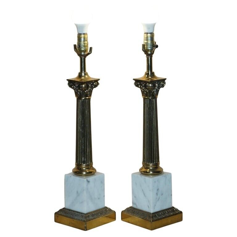 LARGE PAIR OF RESTORED VINTAGE ROMAN CORINTHIAN PILLAR MARBLE BRASS TABLES LAMPS