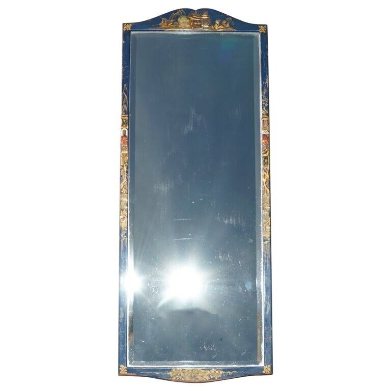 LOVELY ANTIQUE CHINESE CHINOISERIE BLUE FRAMED MIRROR WITH ORNATE HAND PAINTINGS