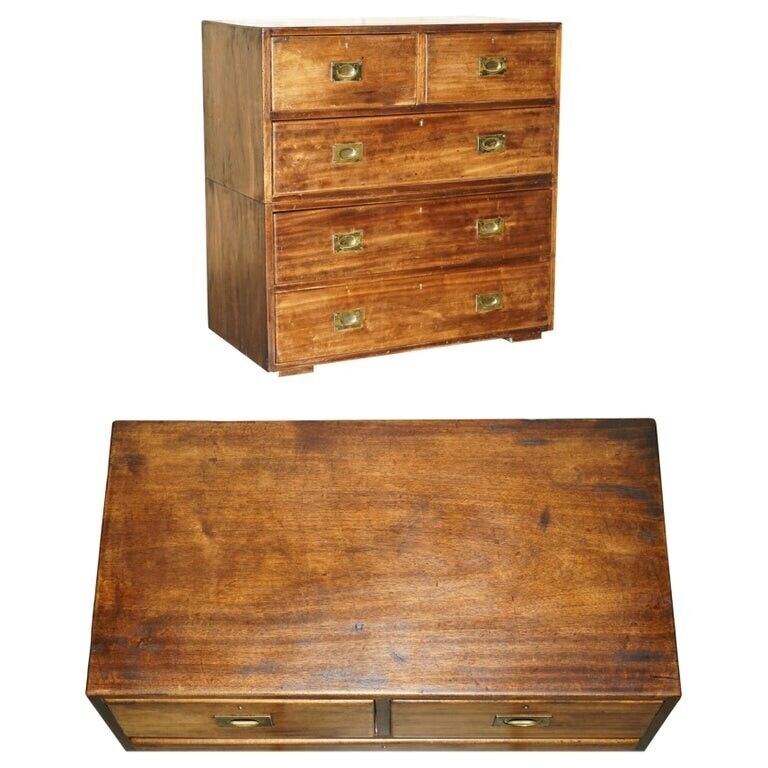 ORIGINAL CIRCA 1880 MAHOGANY MILITARY OFFICERS CAMPAIGN CHEST OF DRAWERS