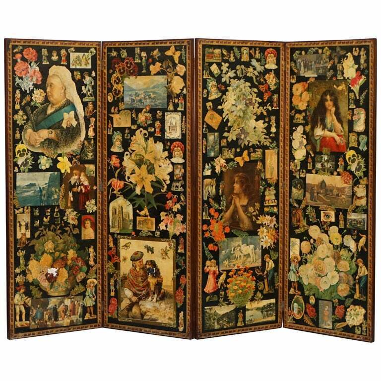 ORIGINAL QUEEN VICTORIA DECOUPAGE FOUR PANEL FOLDING SCREEN TOTALLY ORIGINAL