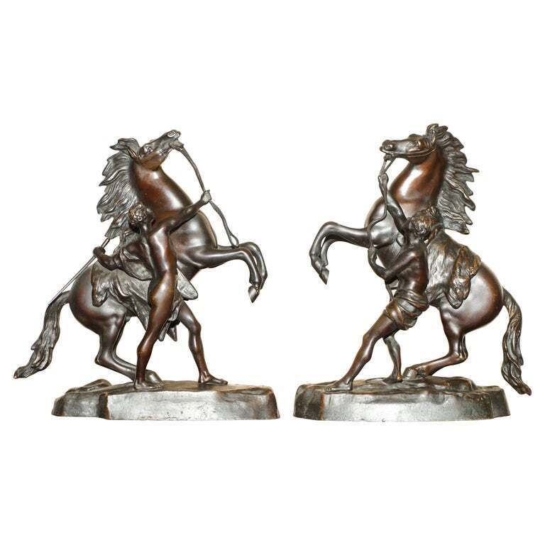 PAIR OF ANTIQUE BRONZE GUILLAUME COUSTOU MARLY HORSES STATUES AS SEEN THE LOUVRE