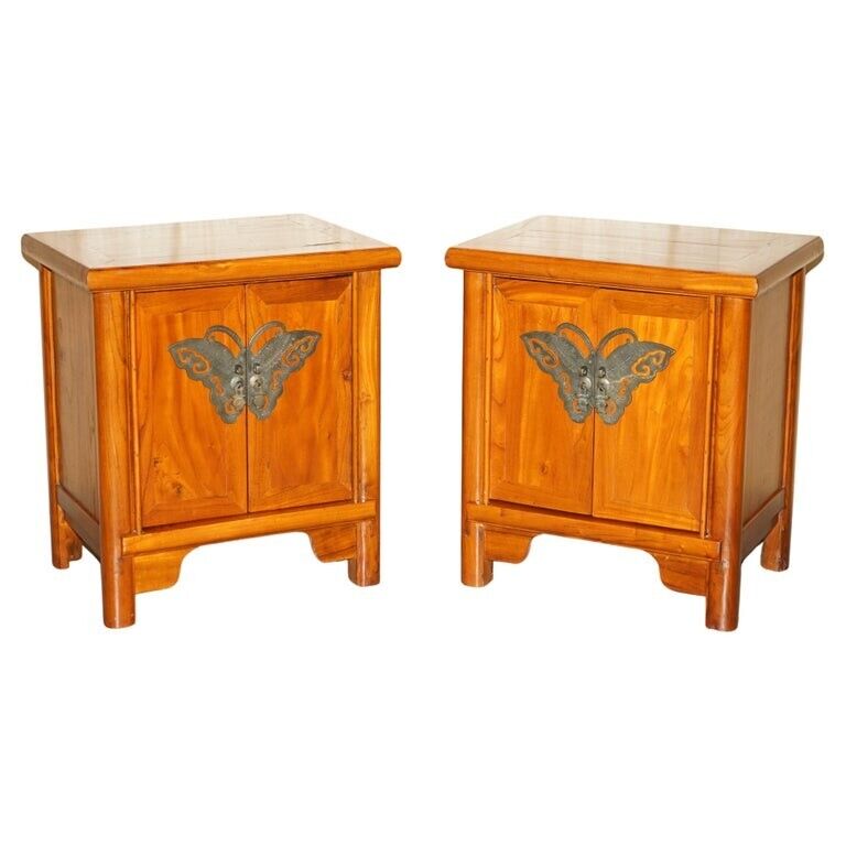 PAIR OF CHINESE ELM BUTTERFLY HANDLE BEDSIDE SIDE END LAMP WINE TABLES CUPBOARDS