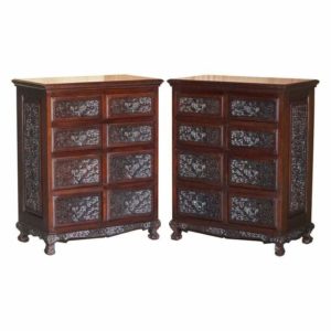 PAIR OF HEAVILY CARVED VINTAGE INDIAN ROSEWOOD CHESTS OF DRAWERS PART SUITE