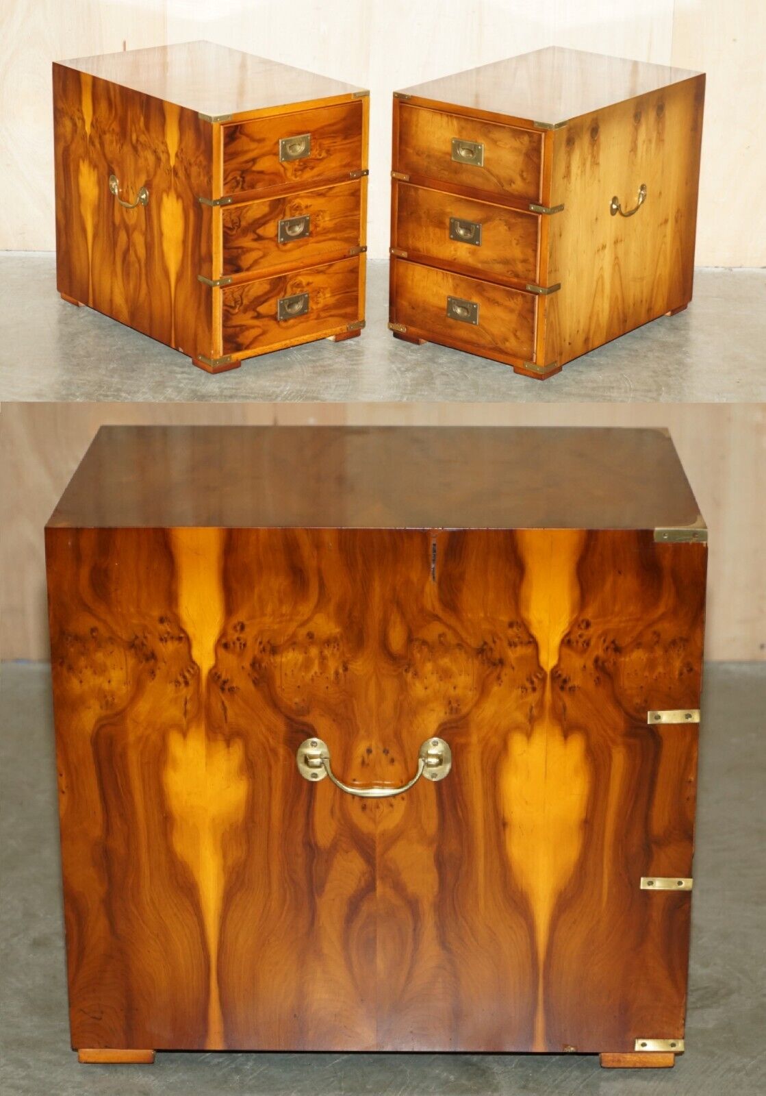 PAIR OF LARGE VINTAGE MILITARY CAMPAIGN BURR YEW WOOD SIDE LAMP TABLE DRAWERS