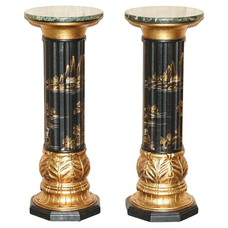 PAIR OF NEOCLASSICAL STYLE CHINESE CHINOISERIE LACQUERED TORCHERES COLUMNS