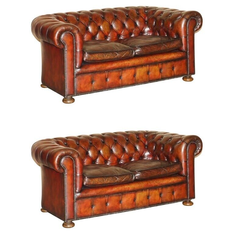 PAIR OF RESTORED ANTIQUE GENTLEMAN'S TUFTED CHESTERFIELD BROWN LEATHER SOFAS