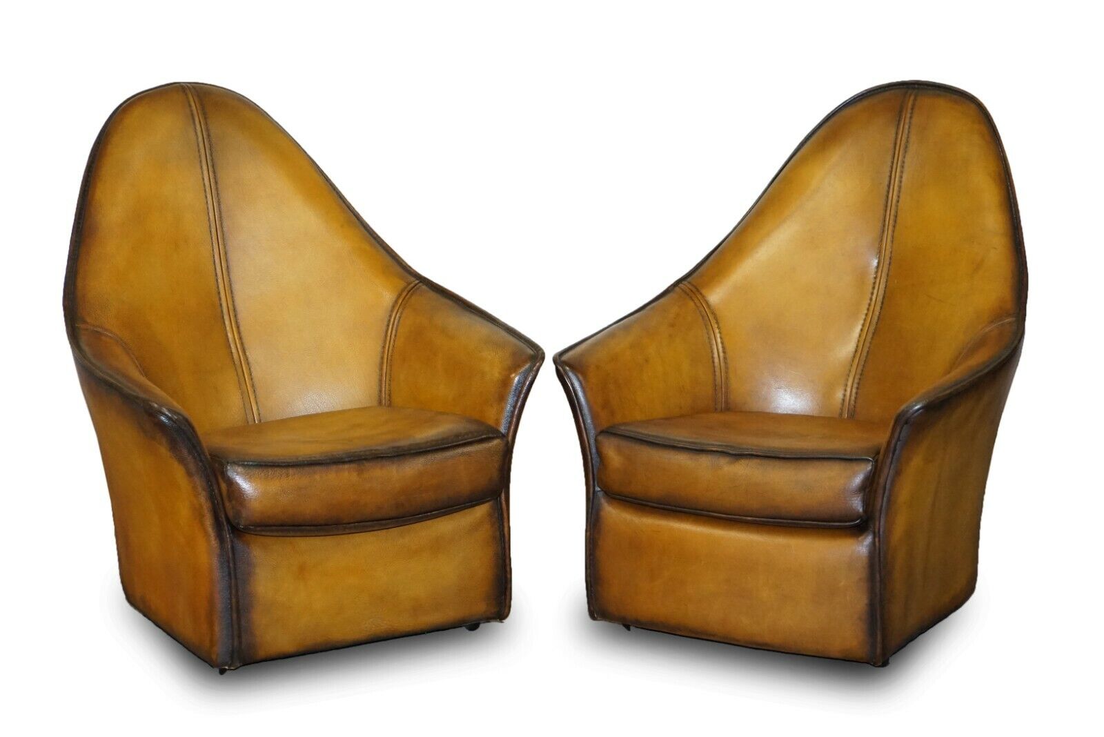 PAIR OF RESTORED ART MODERN CURVED BACK BROWN LEATHER ARMCHAIRS PART OF SUITE