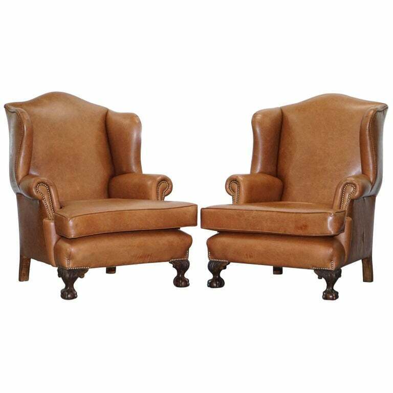 PAIR OF RESTORED BROWN LEATHER CIRCA 1860 WINGBACK ARMCHAIRS CLAW & BALL FEET
