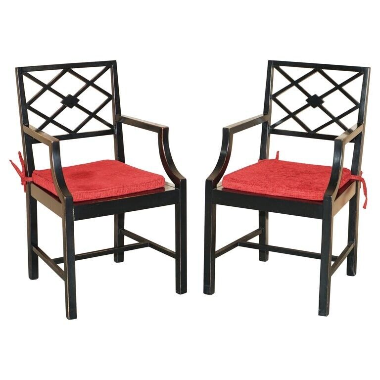 PAIR OF VINTAGE CHINESE THOMAS CHIPPENDALE STYLE EBONISED AGED SIDE CHAIRS