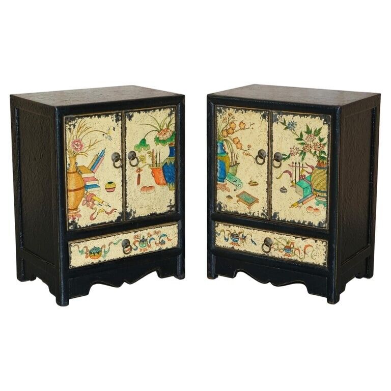 PAIR OF VINTAGE ORIENTAL CHINESE ELM, GOLD LEAF PAINTED SIDE CABINETS + DRAWERS