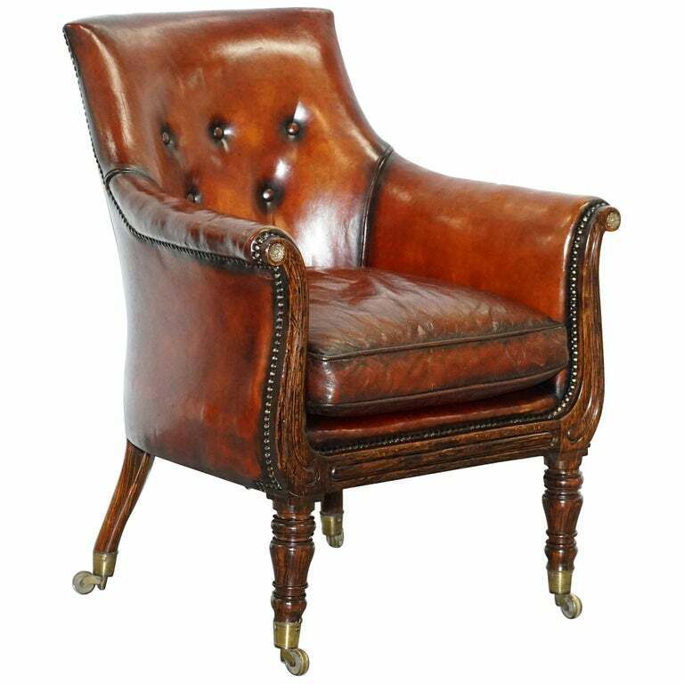 RARE ATTRIBUTED TO GILLOWS REGENCY ARMCHAIR HAND DYED BROWN LEATHER ROSEWOOD