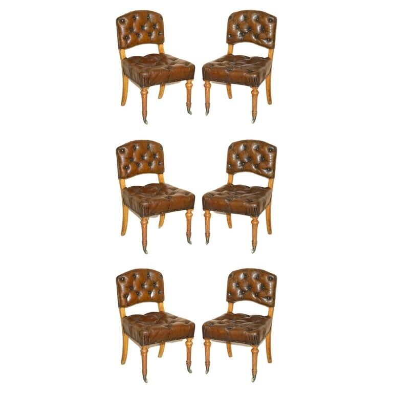 SIX ANTIQUE REGENCY 1820 BROWN LEATHER POLLARD OAK CHESTERFIELD DINING CHAIRS