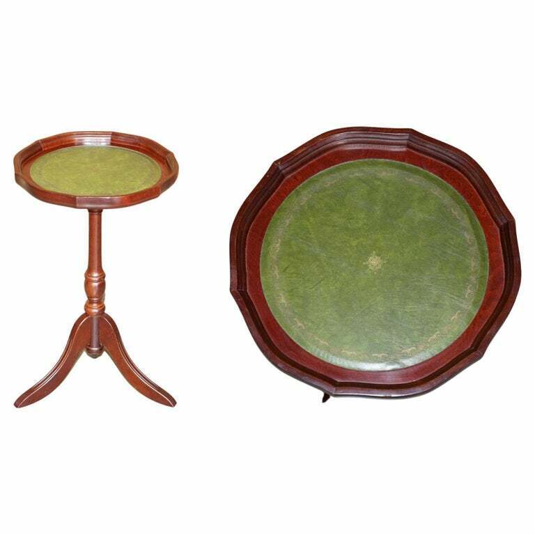 STUNNING MAHOGANY PIE CRUST EDGE GREEN LEATHER TRIPOD SIDE END LAMP WINE TABLE