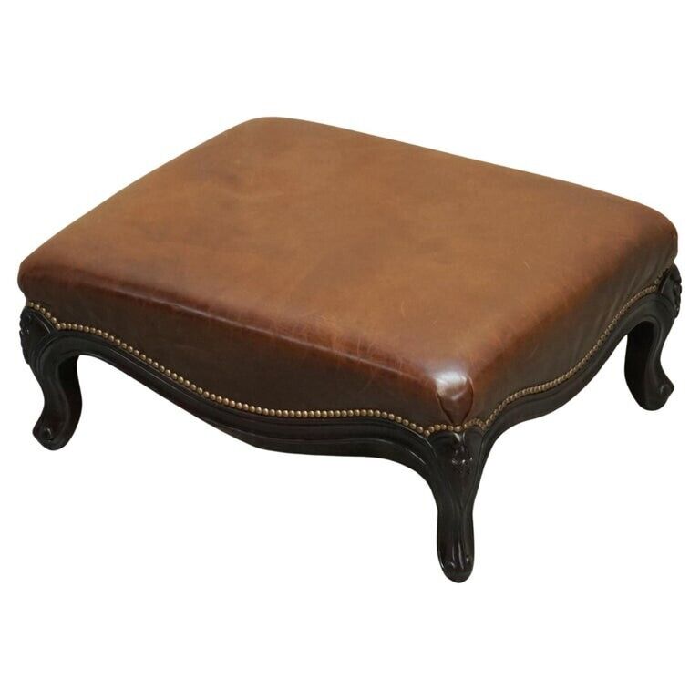 STUNNING VINTAGE FRENCH STYLE RALPH LAUREN BROWN LEATHER FOOTSTOOL OTTOMAN