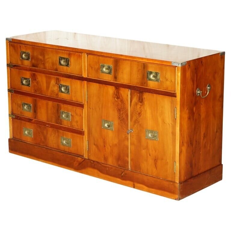 VINTAGE BURR YEW MILITARY CAMPAIGN SIDEBOARD DRINKS CABINET BANK OF DRAWERS