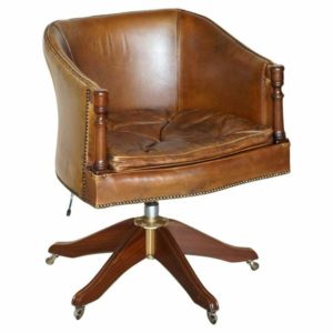 VINTAGE HAND DYED AGED BROWN LEATHER CAPTAINS SWIVEL ARMCHAIR CHESTERFIELD SEAT