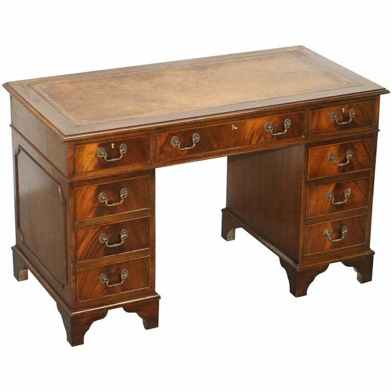 VINTAGE MAHOGANY TWIN PEDESTAL PARTNER DESK WITH DISTRESSED BROWN LEATHER TOP
