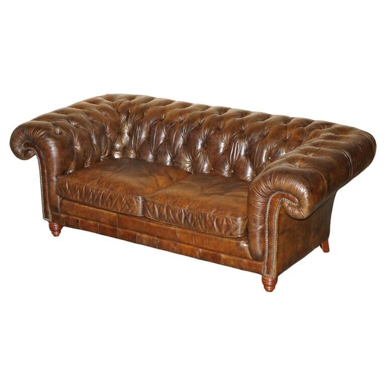 1 OF 2 TIMOTHY OULTON HERITAGE BROWN VINTAGE LEATHER CHESTERFIELD HALO SOFAS