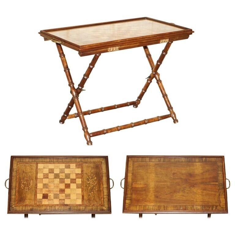 1885 DATED ANTIQUE WALNUT MAHOGANY CHESSBOARD FOLDING GAMES CHESS TRAY TABLE