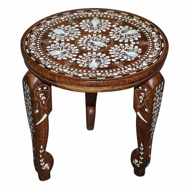 ANGLO INDIAN EXPORT ROSEWOOD ELEPHANT INLAID SIDE LAMP END WINE TABLE FLOWERS