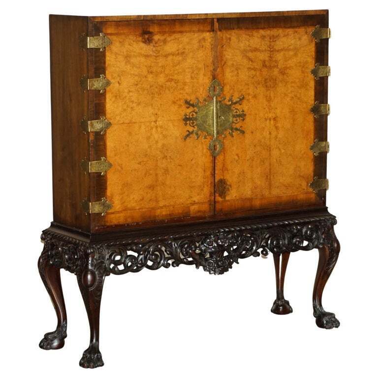 ANTIQUE BURR WALNUT LION HAIRY PAW FEET DRINKS CABINET WILLIAM & MARY STYLE