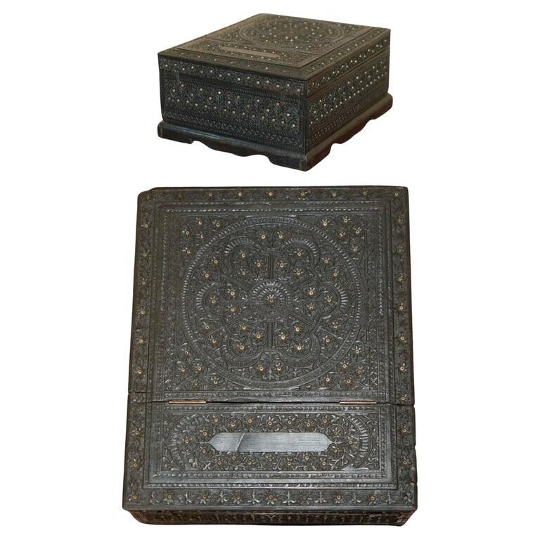ANTIQUE CIRCA 1880 BURMESE HAND CARVED SEWING BOX WITH THE ORIGINAL CONTENTS