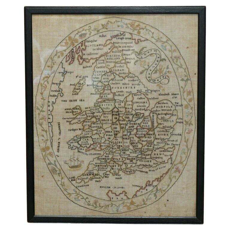 ANTIQUE ELIZABETH MASON SIGNED 1789 GEORGE II NEEDLEWORK SAMPLER MAP OF ENGLAND