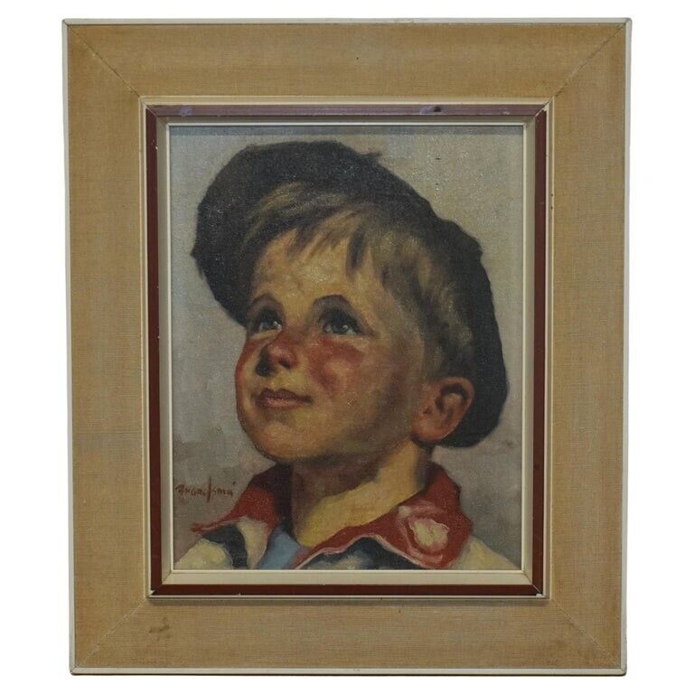 ANTIQUE SIGNED BRANDSMA BELGIUM OIL ON CANVAS PAINTING OF YOUNG BOY PART SET