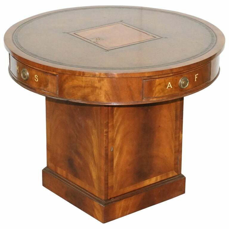 ANTIQUE VICTORIAN FLAMED MAHOGANY REVOLVING RENT DRUM TABLE BROWN LEATHER TOP