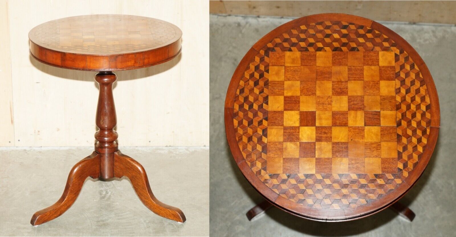 ANTIQUE VICTORIAN WALNUT & MAHOGANY PARQUETRY INLAID TILT TOP CHESS GAMES TABLE