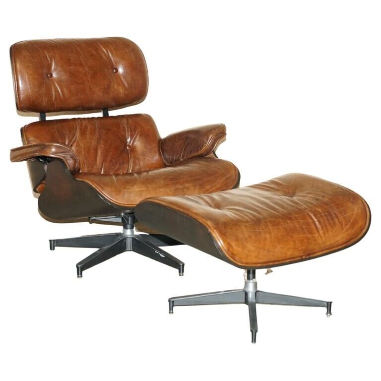 COMFORTABLE ARTSOME BROWN LEATHER LOUNGE ARMCHAIR & OTTOMAN WITH BENTWOOD FRAME