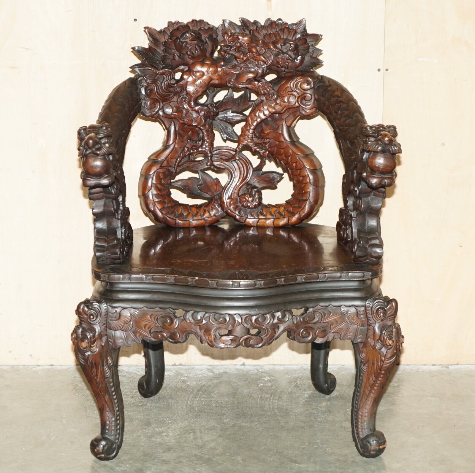 EXQUISITE CIRCA 1880 QING DYNASTY CARVED ROSEWOOD CHINESE DRAGON ARMCHAIR