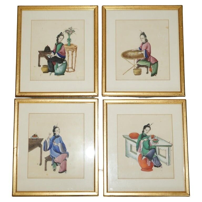 FOUR ANTIQUE 19TH CENTURY CIRCA 1880 CHINESE GOUACHES ON RICE PAPER GEISHA GIRLS