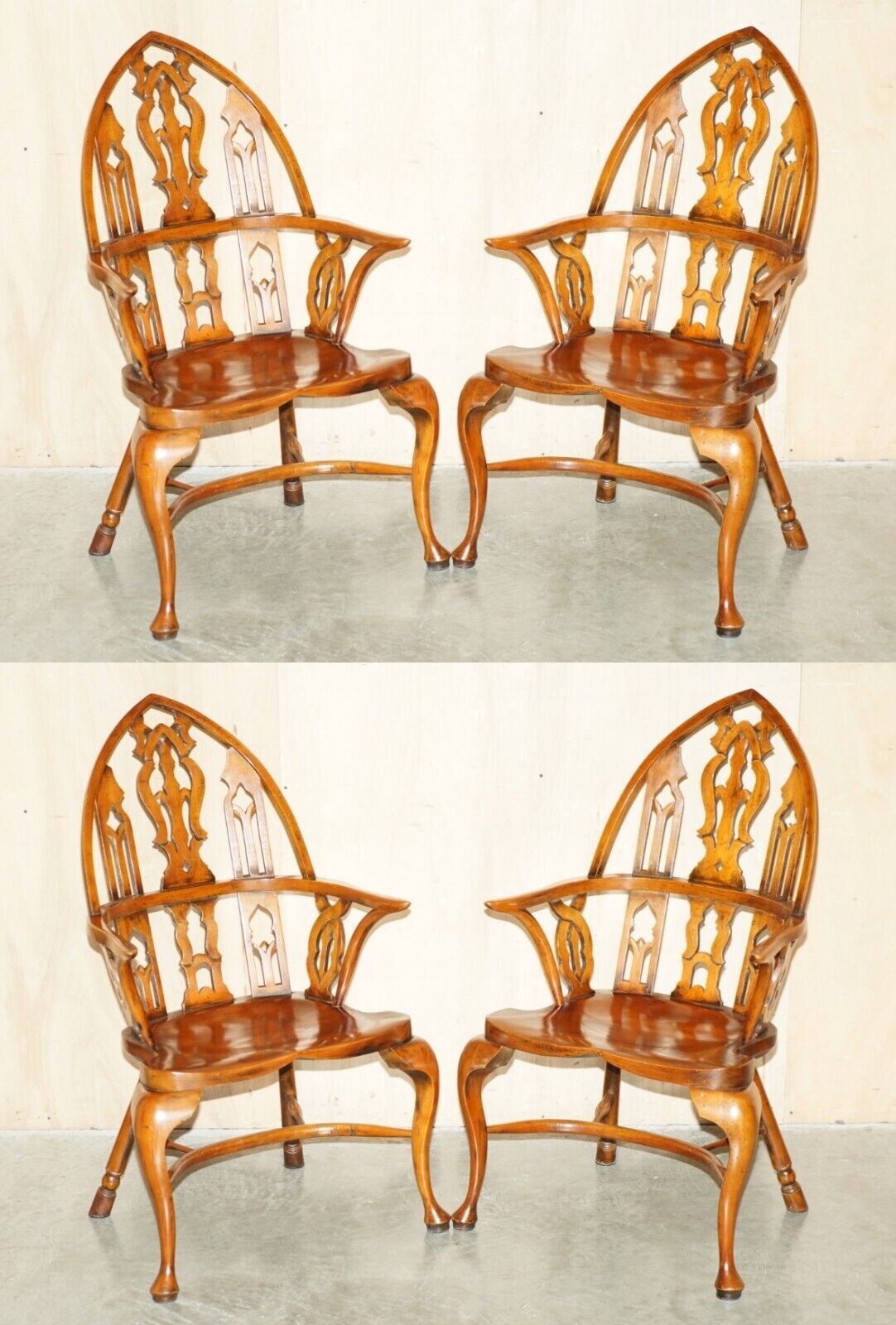 FOUR FINE FULLY RESTORED GOTHIC WINDSOR STEEPLE BACK BURR YEW & ELM ARMCHAIRS