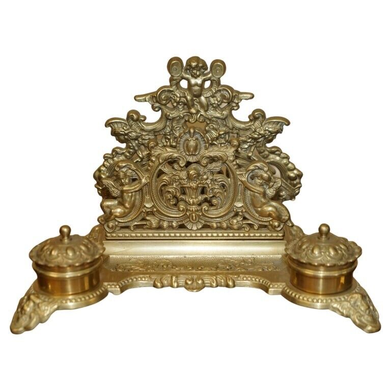 LOVELY ANTIQUE FRENCH BAROQUE REPOUSSE GILT BRASS CHERUB INKWELL LETTER STAND