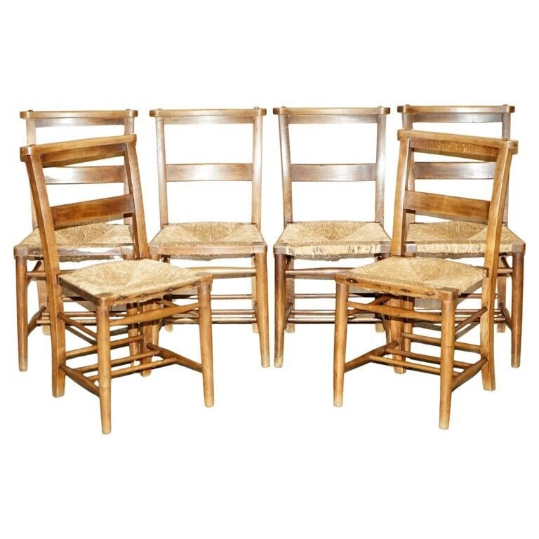 LOVELY SUITE OF SIX CIRCA 1860 DUTCH LADDER BACK OAK RUSH SEAT DINING CHAIRS 6