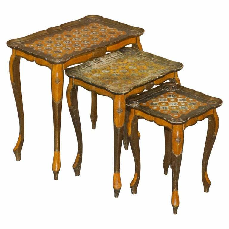 NEST OF THREE G SERRAGLINI FIRENZE TABLES MADE IN ITALY HAND PAINTED DISTRESSED