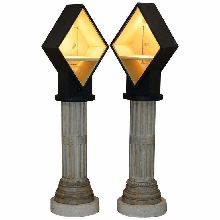 PAIR OF 170CM TALL DISPLAY CABINETS ON CORINTHIAN PILLARS WITH BUILT IN LIGHTS