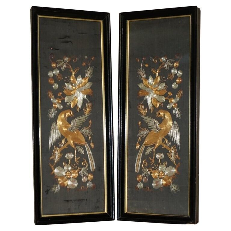PAIR OF 19TH CENTURY CHINESE BIRD & FLOWERS GOLD SILVER STITCH SILK EMBROIDERIES
