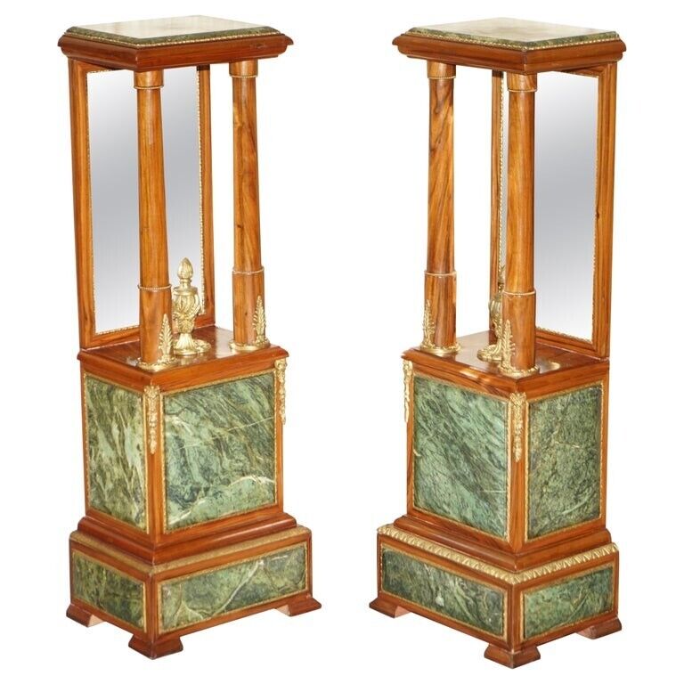 PAIR OF ANTIQUE GILT BRONZE MOUNTED WALNUT GREEN MARBLE TOPPED PEDESTAL STANDS