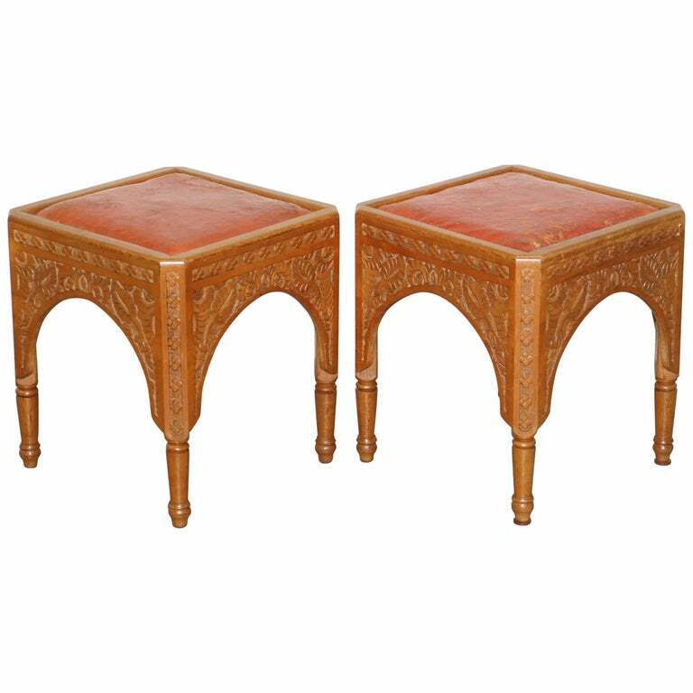 PAIR OF ANTIQUE VICTORIAN HAND CARVED 19TH CENTURY ASETHETIC MOVEMENT STOOLS