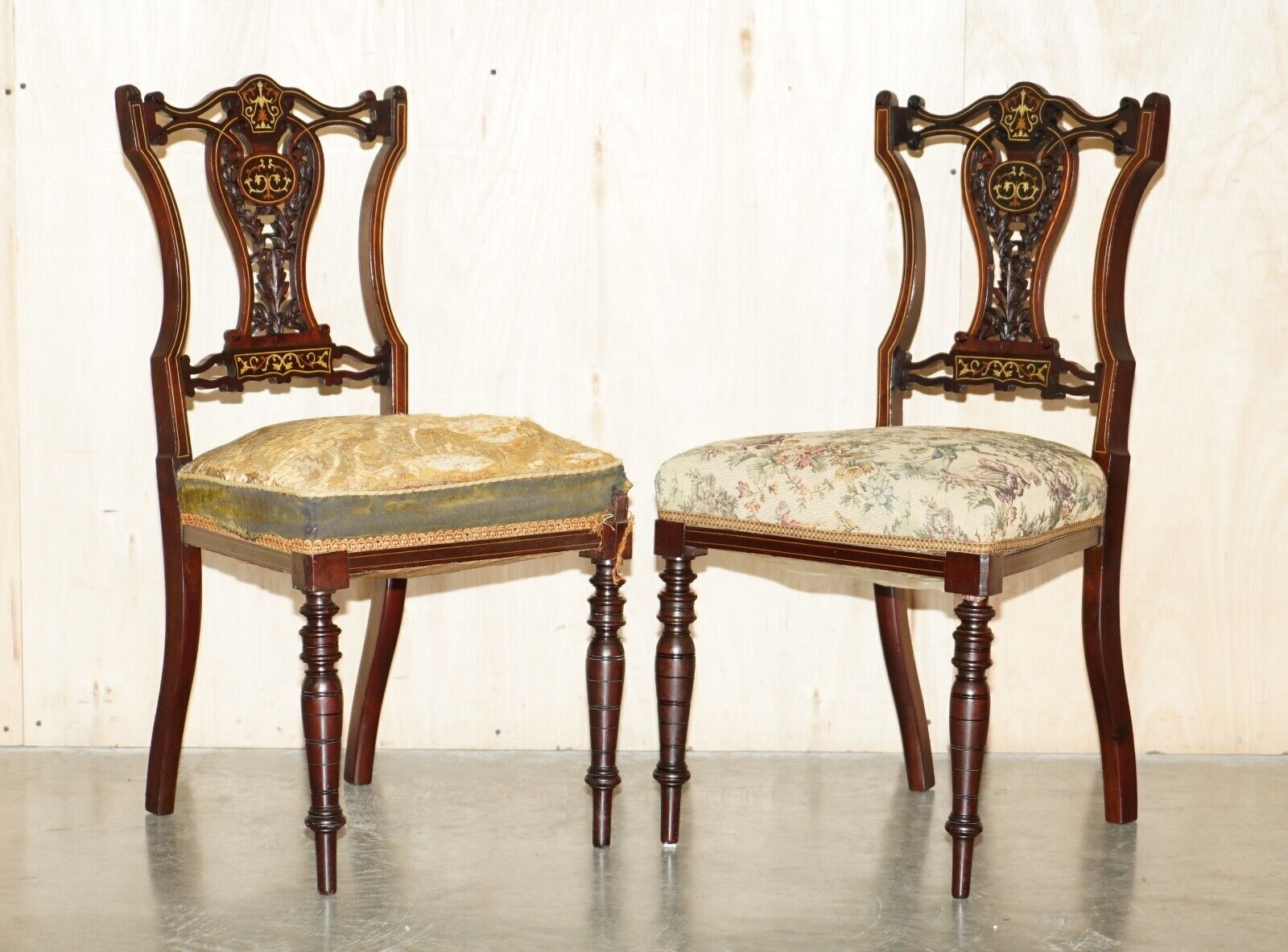 PAIR OF ANTIQUE VICTORIAN ROSEWOOD SALON CHAIRS WITH STUNNING INLAID BACK PANELS