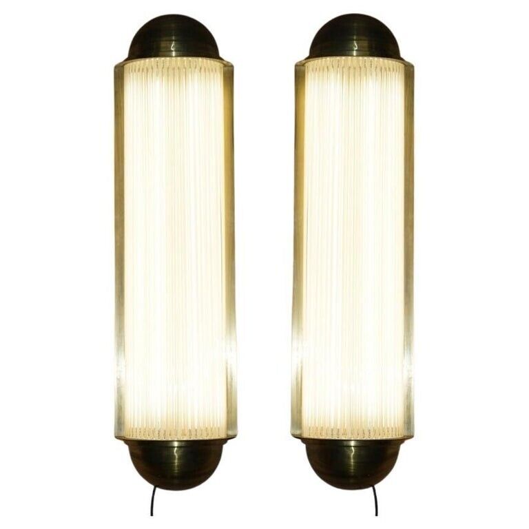 PAIR OF EXTRA LARGE ART DECO STYLE BRASS GLASS GENET-MICHON WALL SCONCES LIGHTS