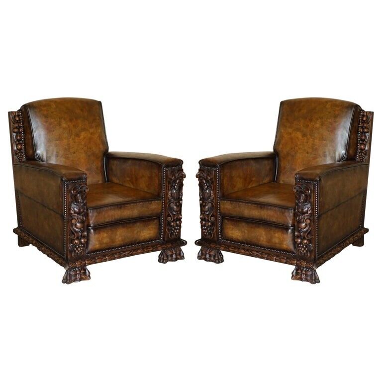 PAIR OF FULLY RESTORED ANTIQUE CLUB ARMCHAIRS WITH GOTHIC CARVED PANELS MUST SEE