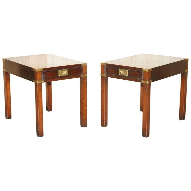 PAIR OF RESTORED HARRODS KENNEDY MAHOGANY MILITARY CAMPAIGN SINGLE DRAWER TABLES