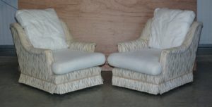 PAIR OF STAMPED 1984 WALTON GENTS ARMCHAIRS FOR REUPHOLSTERY AZTEC KILIM FABRIC